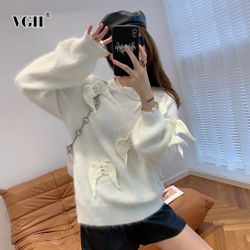 

Женский трикотажный свитер с аппликацией VGH, повседневный Свободный пуловер с круглым вырезом и длинным рукавом, осень 2021