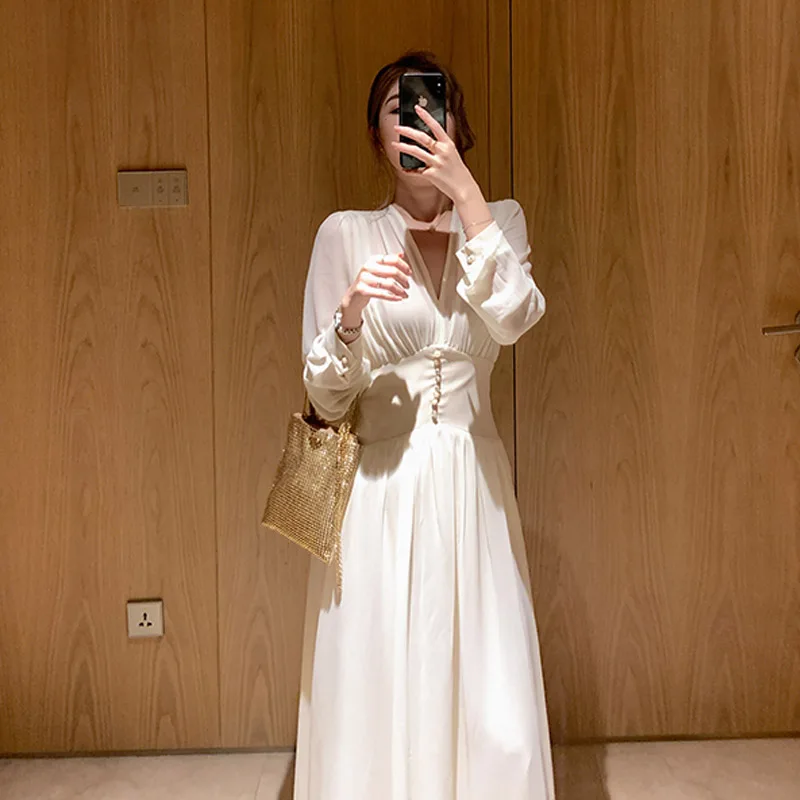 

Elegant Dress Solid Long Sleeve Fairy Party Dress Office Lady Sexy V-Neck Loose Midi Dress 2021Spring And Autumn Clothing