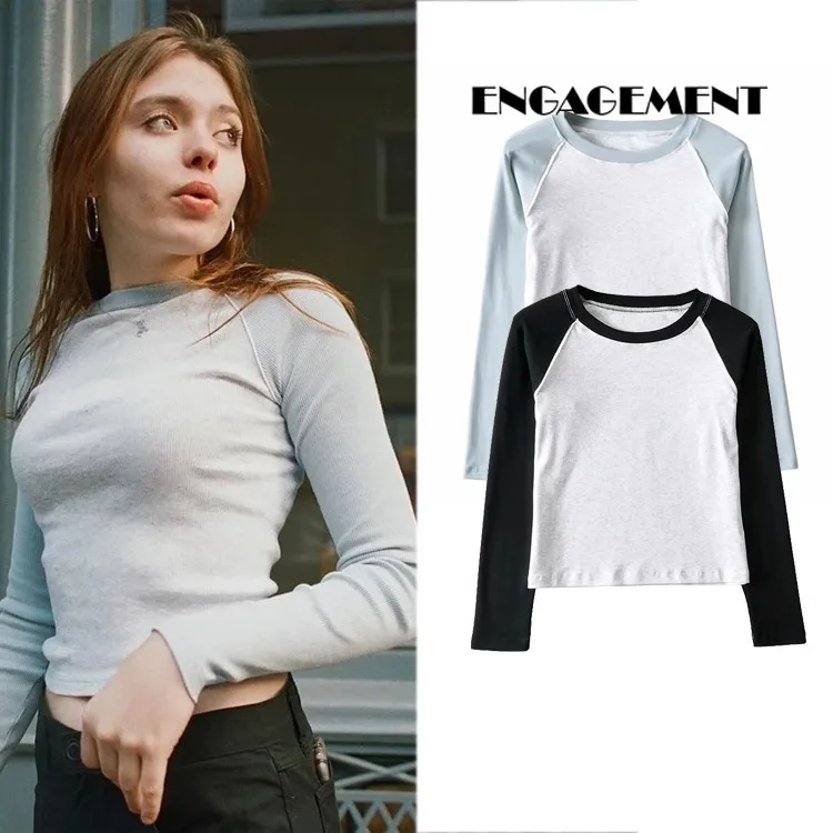 

ENGAGEMENT Za 2021 Casual Joker Long Sleeve Women's T-shirt New Color Matching Slim Short Jacket in Early Autumn