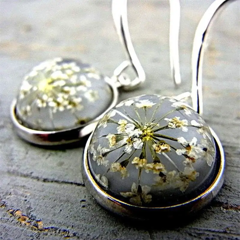 

Vintage Round Gemstone Dried Flower Pendant Earrings Fashion Ethnic Style Crystal Ball Women's Earrings Jewelry Accessories