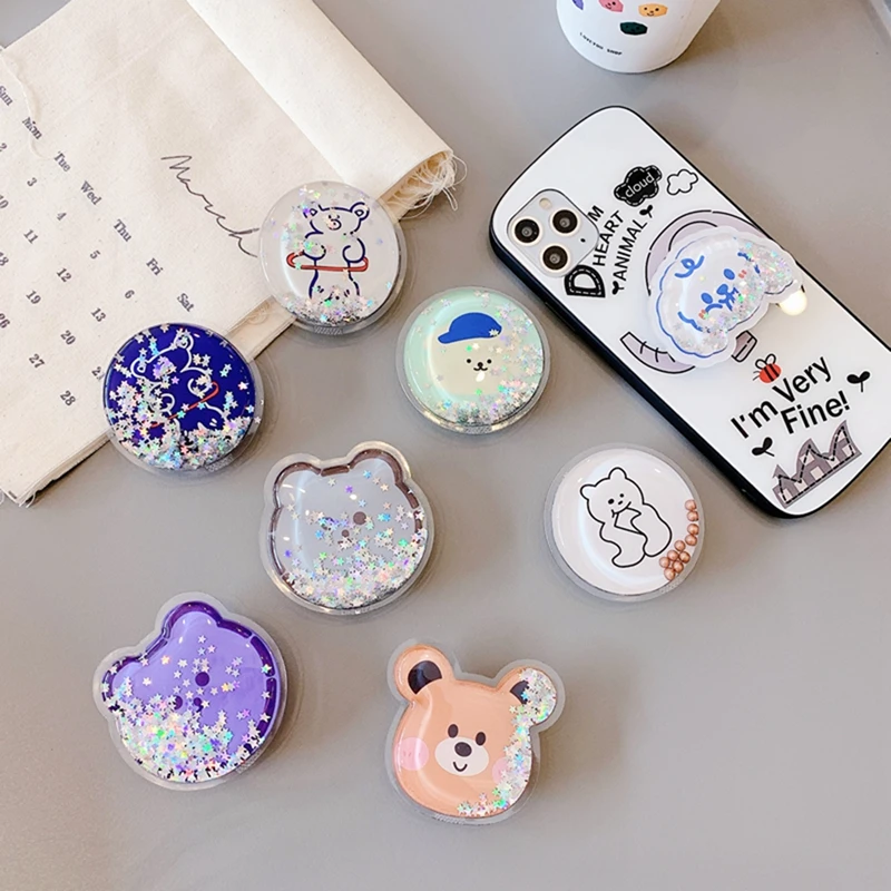 

Universal Cute Cartoon Bear Quicksand Foldable Mobile Phone Finger Ring Bracket Handle Bracket Accessories For Iphone