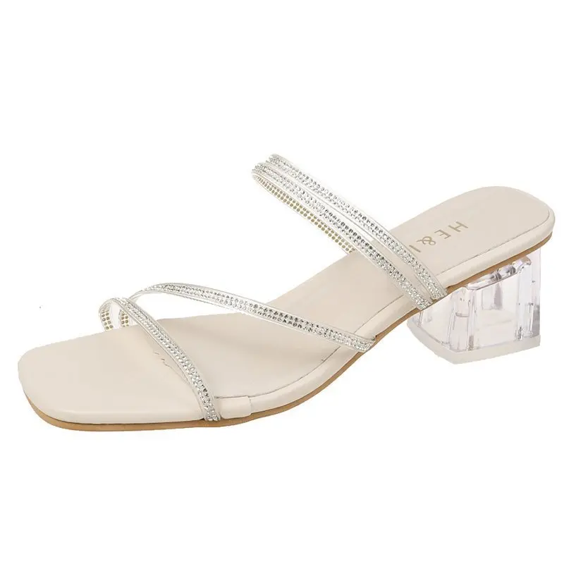 

Big Size Beige Heeled Sandals Square heel Shoes Med Low Woman's Slippers Glitter Slides Fashion Black Block 2021 Jelly Luxury