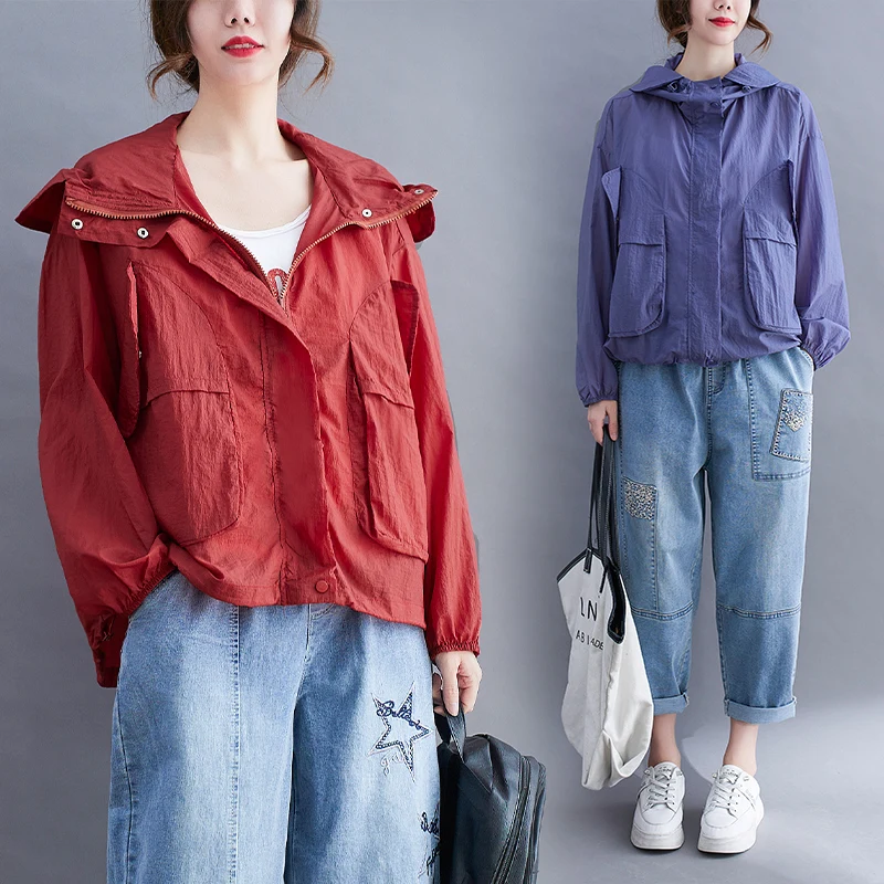 

Casual Sunscreen Thin Coat Hooded Summer Jacket Women Oversize Short Cardigan Slim Loose Long Sleeve Top Female Outwear