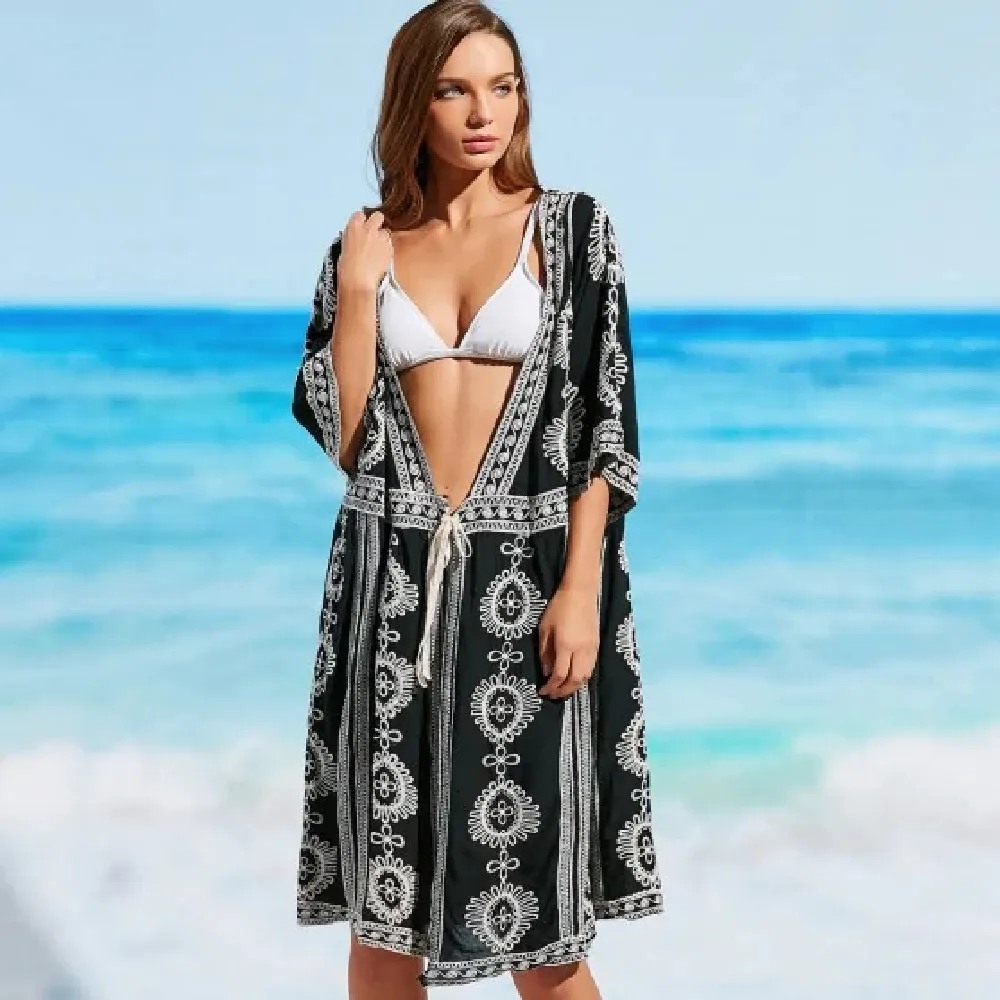 Инди народные вышитые Bikini Cover-ups привлекательный передний открытый рубашка с