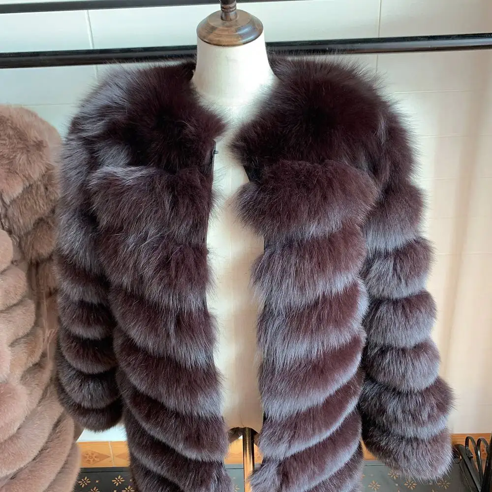 NEW 70CM women Long sleeves winter thick fur coat real fox fur jacket high quality fox coat stand collar outfit