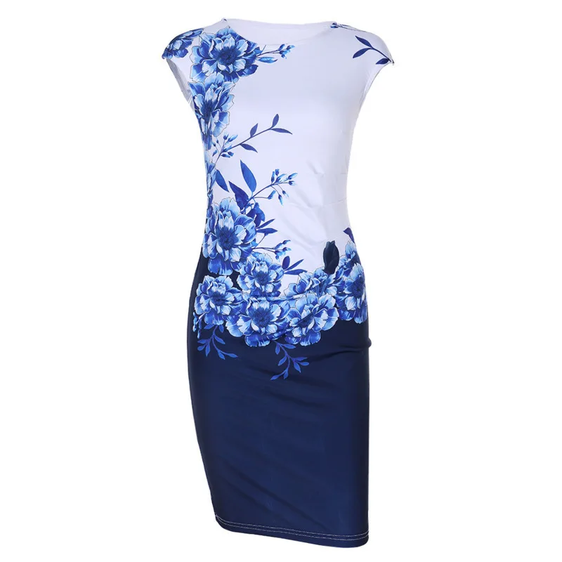 

RICORIT Women Print Dress Ladies Vintage Dress Round Neck Sleeveless Floral Print Dress Women Self-cultivation Mini Dress Robe