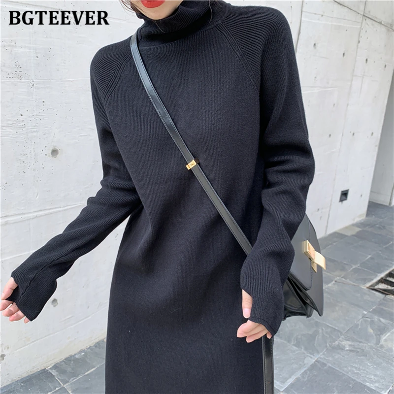 BGTEEVER осенне-зимнее трикотажное платье до середины икры с высоким воротником