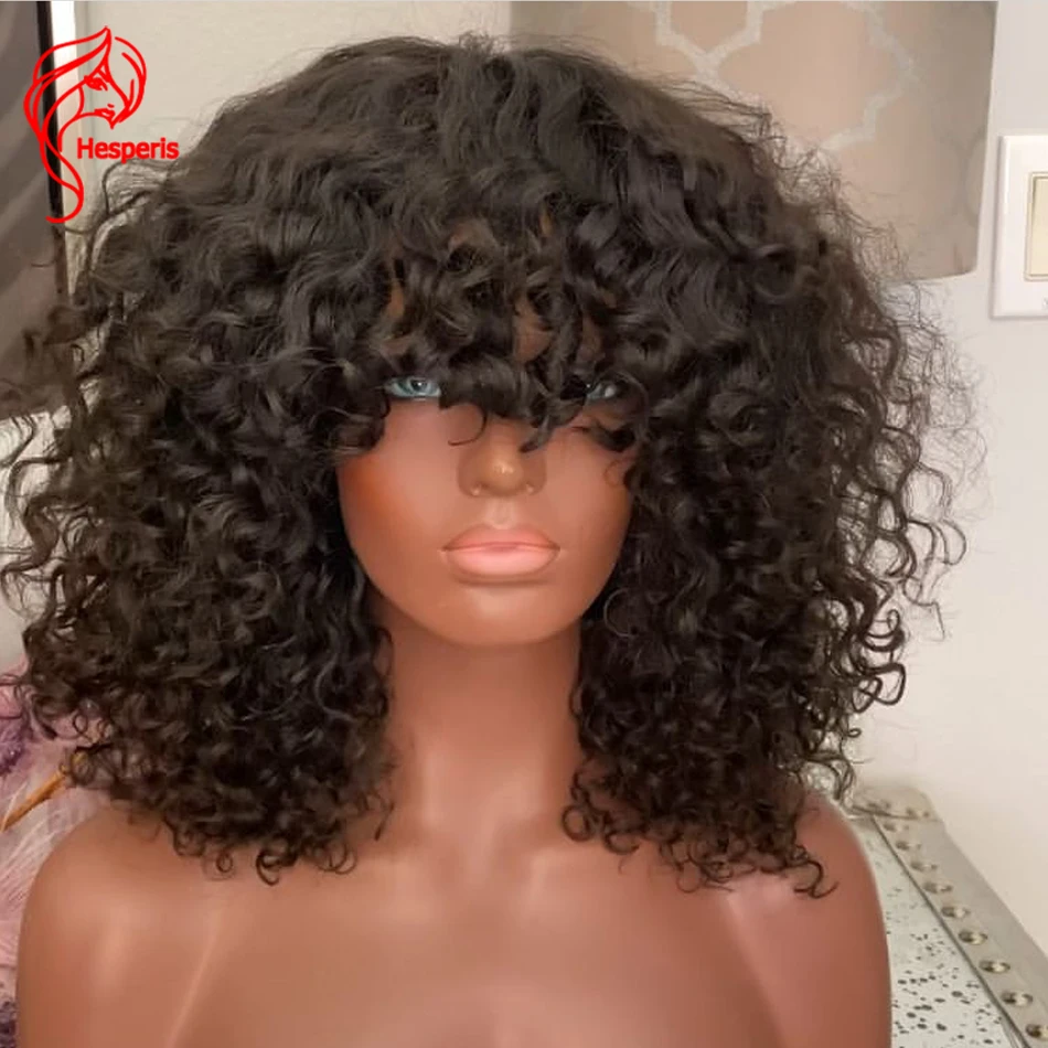 Harga Hespermis Jerry Wig Rambut Manusia Keriting Dengan Poni Penuh Mesin Dibuat Wig Kulit Kepala Atas Untuk Wanita Peru Remy 200 Kepadatan