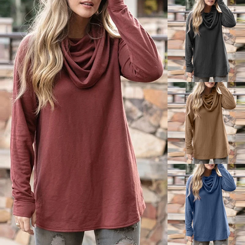 

2020 New Womans Wearing Pile Stand Collar Long-Sleeved Shirts Solid Color Casual Loose Comfortable Tops Teenage's T-shirt Autumn