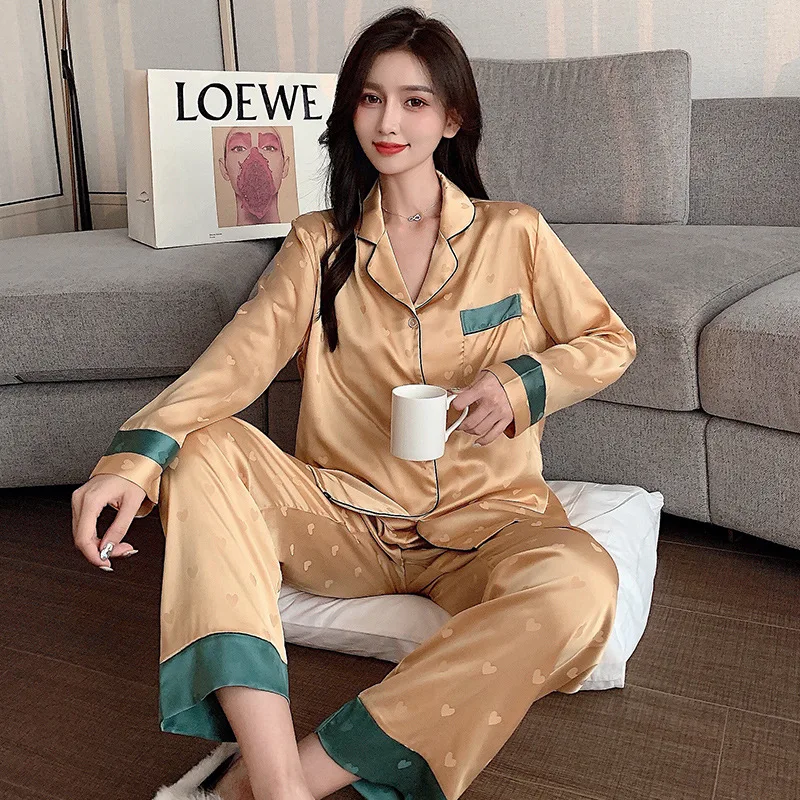 Women's Pajamas Set Heart Print Patchwork Sleepwear V Neck Silk Like Luxury Style Homewear Casual Nightgown пижама женская Femme