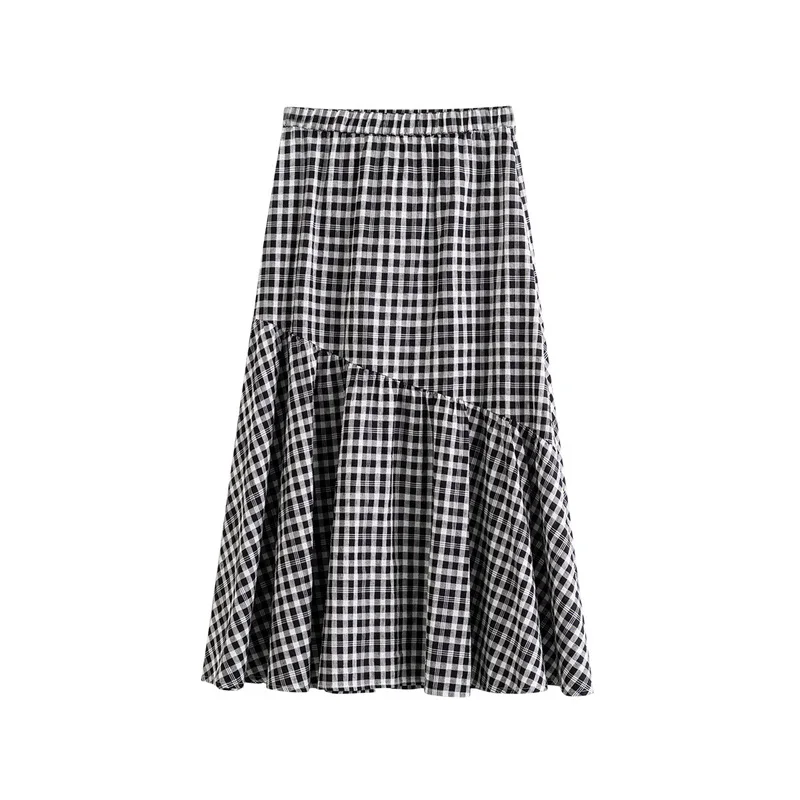 

INMAN 2021 Spring New Arrival Plaid Medium Length Cotton Linen Spring Versatile Retro A-Line Women's Skirt