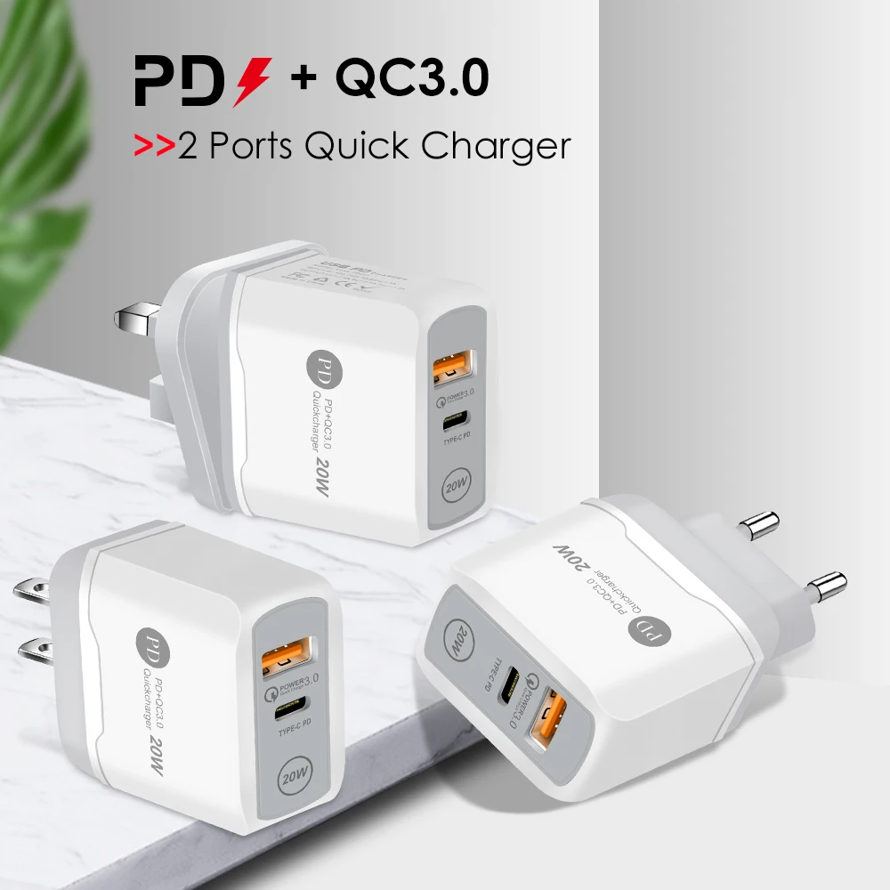 

Fast Charging Chargers Cell Phones PD Wall Charger QC 3.0 For Iphone Xiaomi Samsung Oneplus Universal Adapter USB Type C Charger