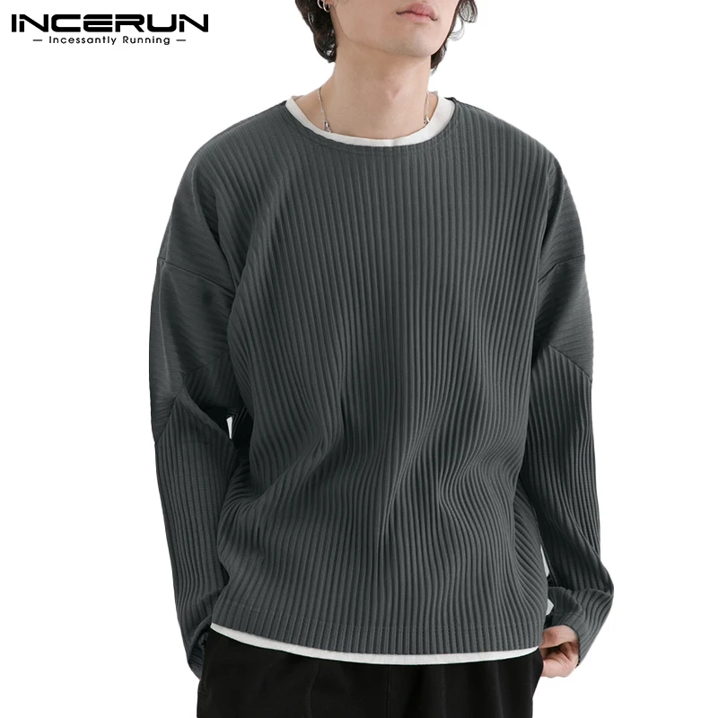 INCERUN Tops 2021 Men's Solid Pleating Tees Long Sleeved Camiseta Well Fitting All-match Simple Fashion Bottoming T-shirts S-5XL