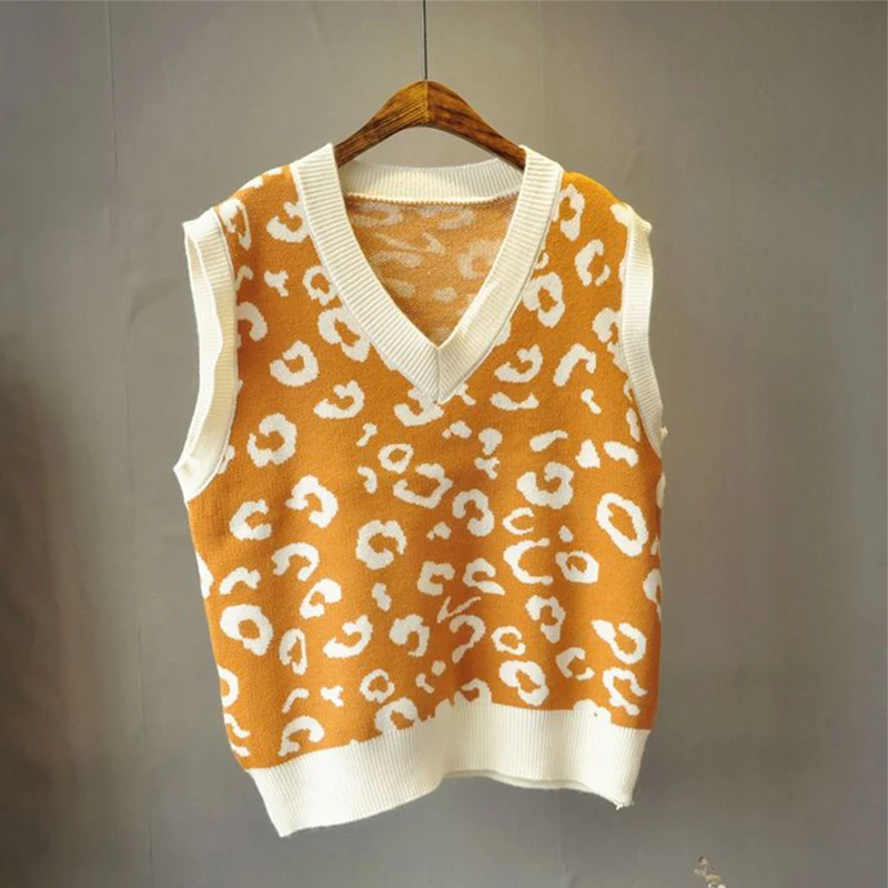 Женский трикотажный жилет с v образным вырезом и леопардовым принтом свободный