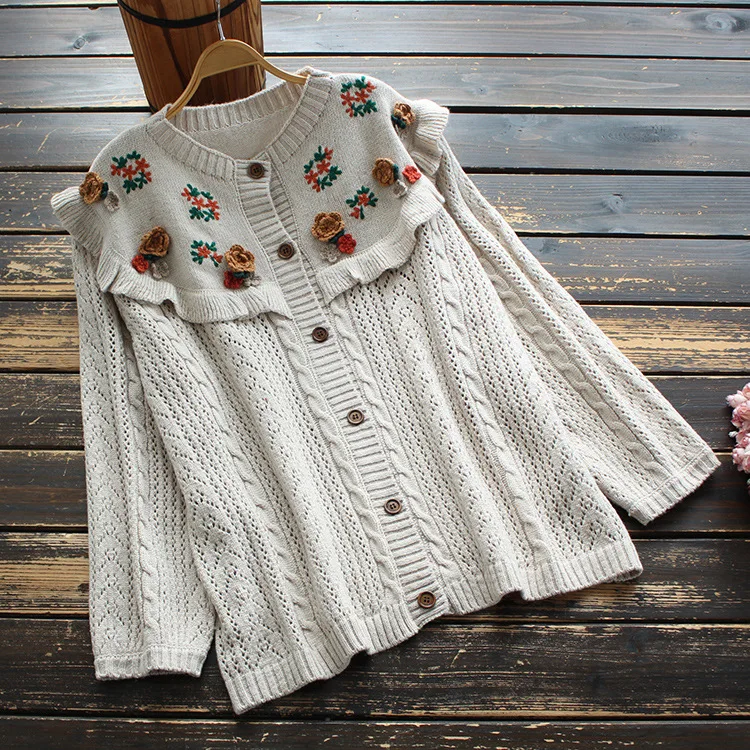 Женский шерстяной кардиган с цветочной вышивкой свободный трикотажный в стиле