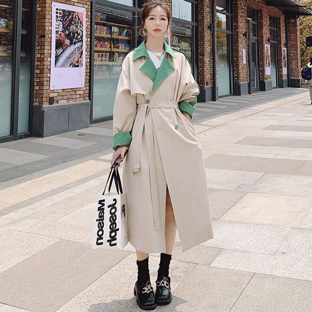 

Windbreaker Women Hit colors Wihte Green Mid-length 2021 Autumn New loose long Trench Coat British Style Double Breasted