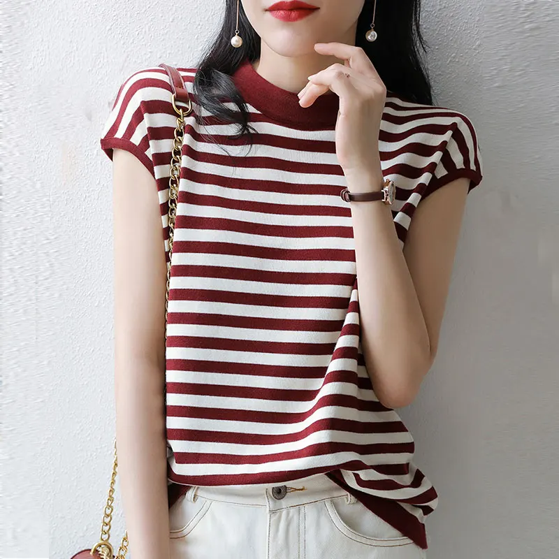 

Red Striped Tee Shirt Femme Short Sleeve O Neck Casual T-shirts Summer Tshirt For Women Knitted Cotton Korean Casual Basic Tops