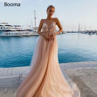 sexy backless peach prom dresses spaghetti straps appliqued flowers long wedding party dresses v neck a line tulle prom gowns