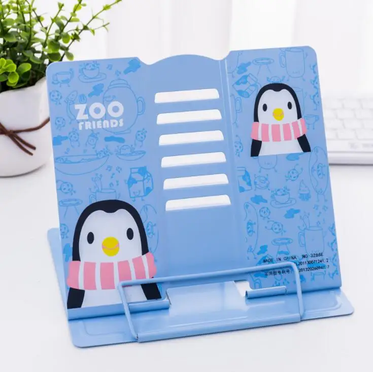 Penguin blue Kawaii Единорог Металлический регулируемый портативный держатель для книг для чтения складная подставка держатель книжная полка держатель для документов база канцелярские принадлежности - Color: Penguin blue