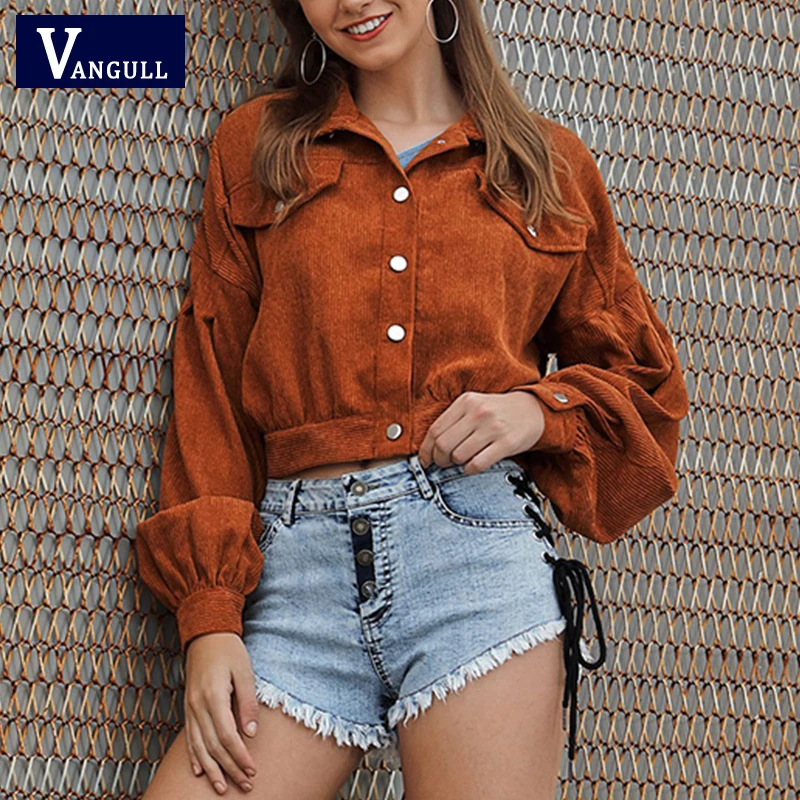

Vangull Women Corduroy Short Jacket Solid Loose Turn down collar Button Pocket Crop Coat Long lantern sleeve OutWear Top 2020