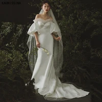kaunissina elegant satin wedding dresses puff sleeve boho off the shoulder sweep train mermaid bridal gowns vestido de novia