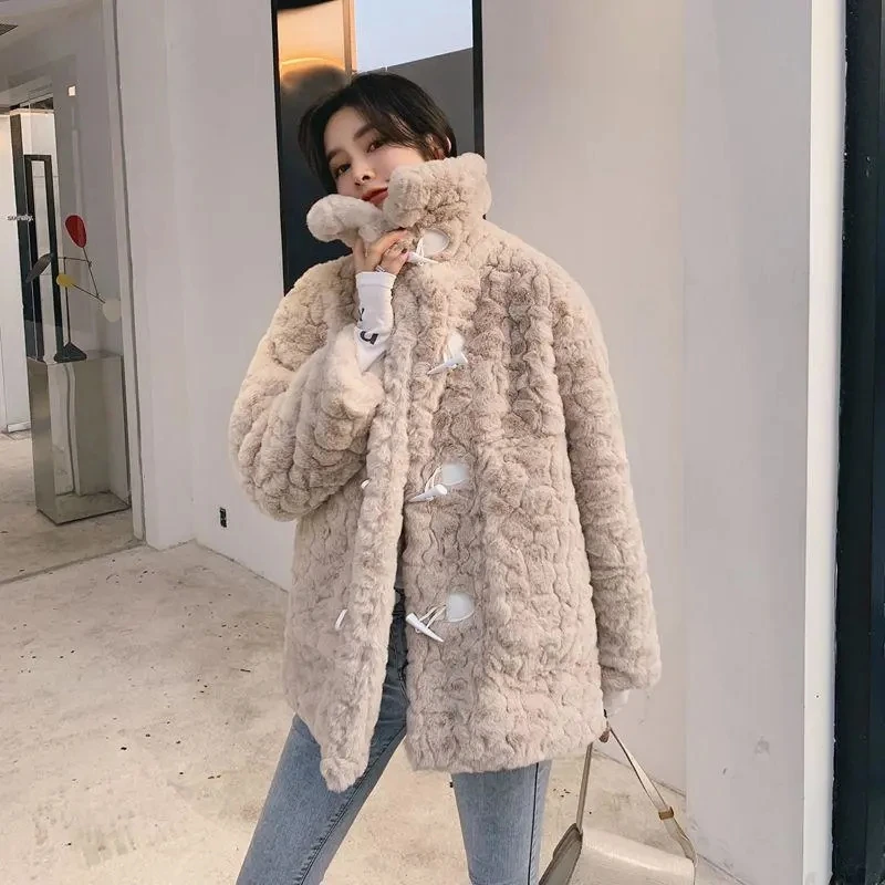 Teddy Winter Coat Women Long Sleeve Tops Faux Fur Rex Rabbit Fur Jacket Korean Thick Warm Solid Loose Covered Button Outerwear