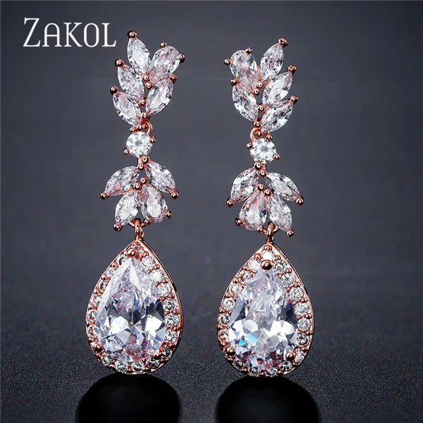 ZAKOL, белый цвет, в форме цветка, циркон, капля воды, кристалл, подвеска, висячие серьги для невесты, свадебные украшения, аксессуары FSEP2226 - Окраска металла: Rose Gold Color