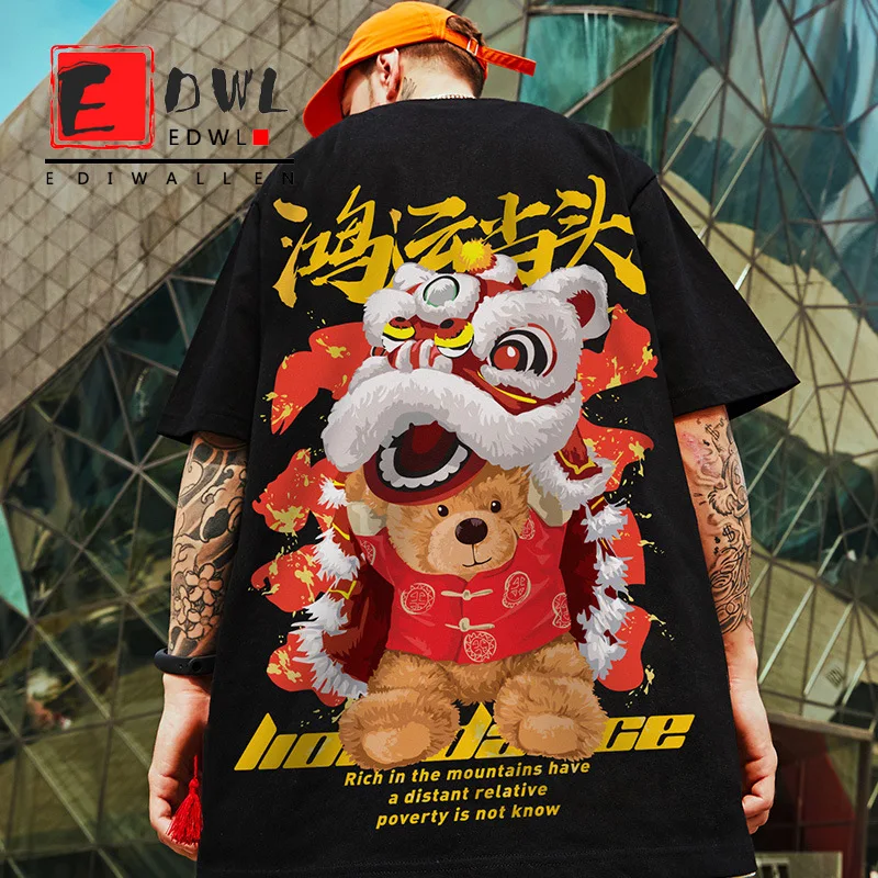 

Summer 2021 Oversize Lion Dance Print Fashion Loose Short Sleeve Shirt Chinese Elements Men's Top T-Shirt Ins Couple Pack 8XL