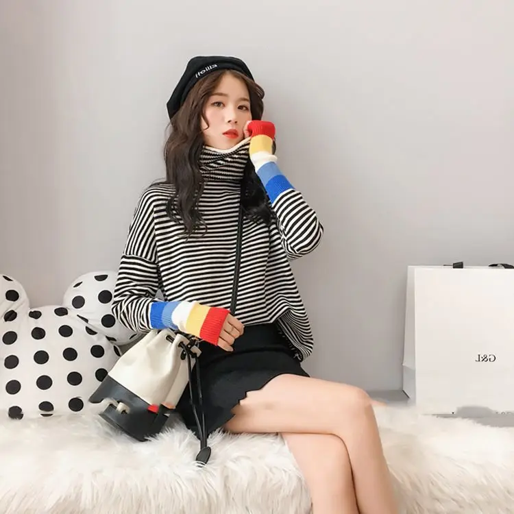 

Casual Sweater Rainbow Sleeve Turtleneck Kawaii Pullover Jumper Female Korean Harajuku Clothing For Women Loose Wild Striped