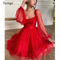 verngo sparkly gold stars red tulle prom dresses puff long sleeves sweetheart a line knee length shimmer evening party gowns