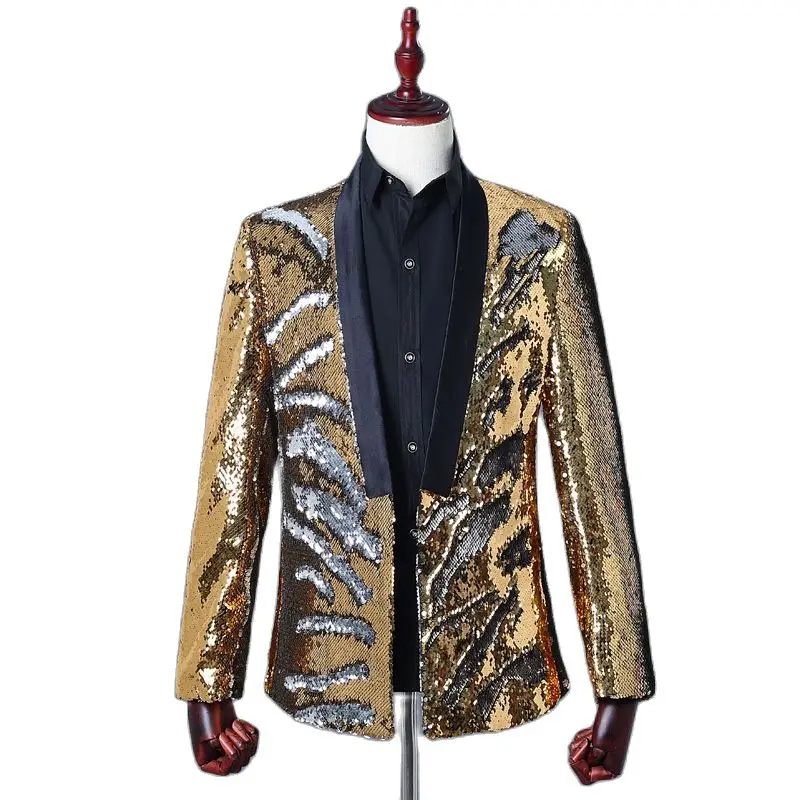 

Мужской Стильный блейзер с золотым напылением, Двуцветный блейзер с блестками для ночного клуба, сцены, певицы, костюмы для свадьбы, костюмы...