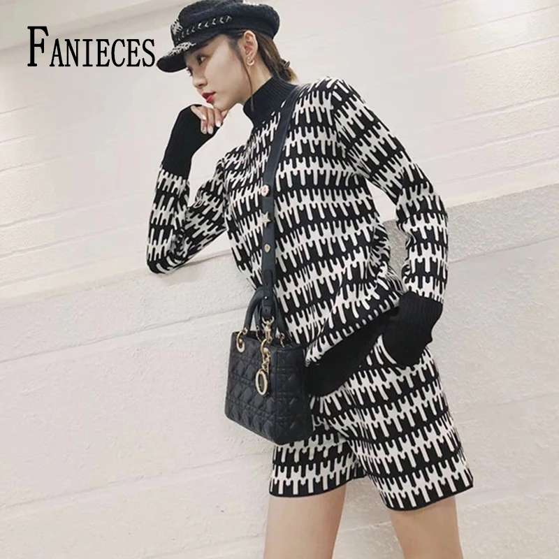 

FANIECES костюм женский осенне-зимний свитер с высоким воротом Пуловер Топы Шорты полосатый трикотажный костюм комплект Feminino короткий E Blusa
