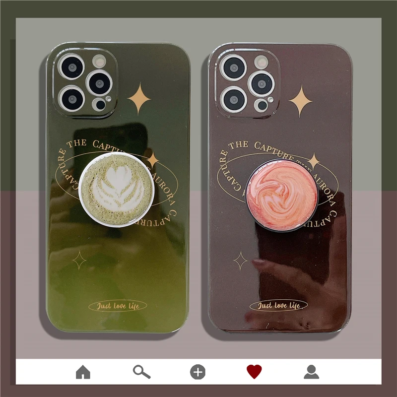 

12 Pro Case Cute Coffee Holder Sockets Latte Matcha Green Clear Stand Cover for iPhone 11 Pro MAX 8 7 Plus XR X XS SE 2020 Cases