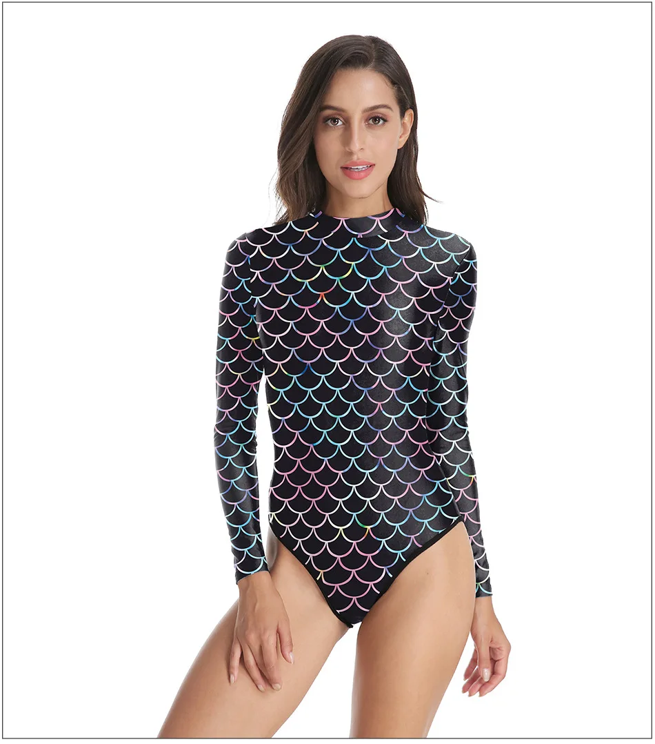 

2020 3D Printed Long-Sleeved Swimwear Women Colorful Fish Scale Vest One-piece Triangle Summer Swimsuit Bodysuit B120-041