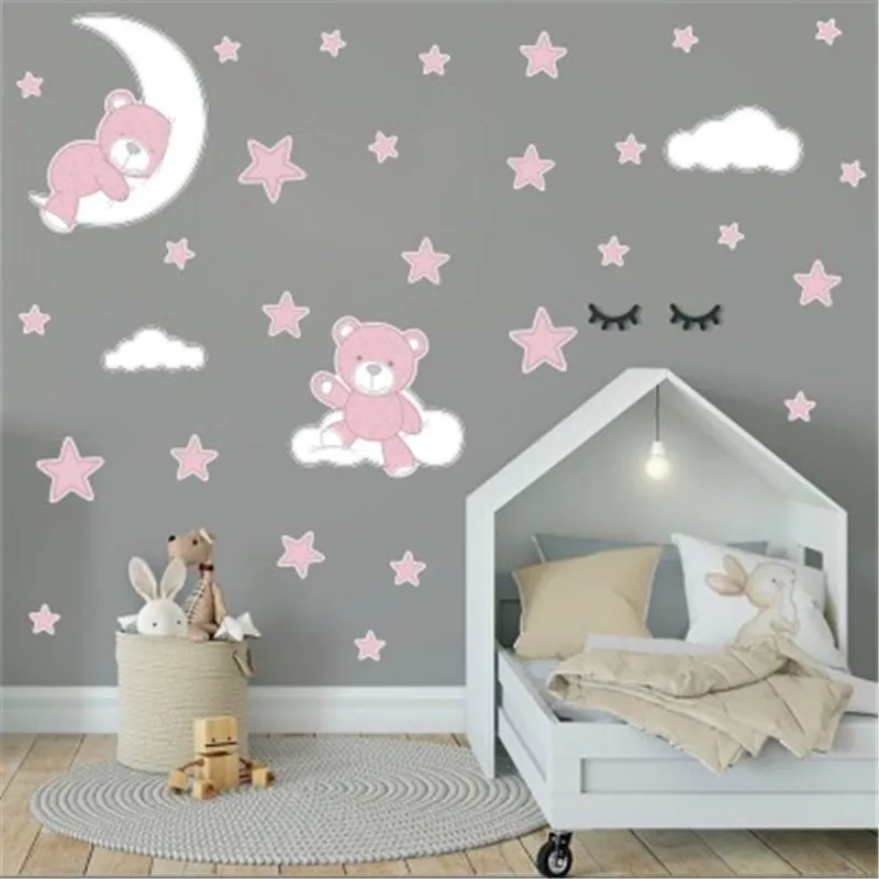 

Cute Moon Stars Bear Wall Stickers For Kids Baby Room Home Nursery Art Decorative Sticker Children Bedroom Decals Murals Muraux