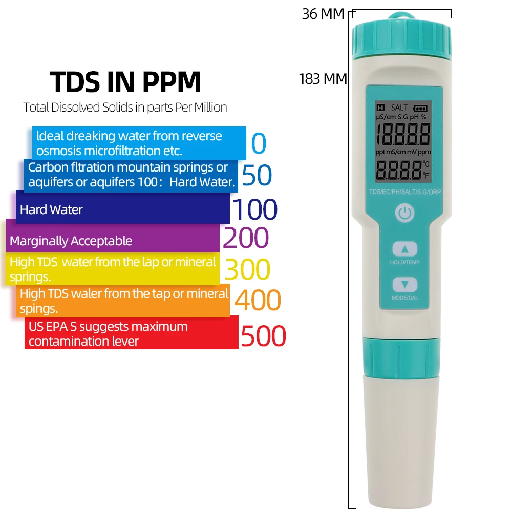 Medidor Digital ORP PH TDS EC 7 en 1, medidor de salinidad SG, probador de temperatura, conductividad, filtro de agua, bolígrafo de pureza con retroiluminación, 50% de descuento