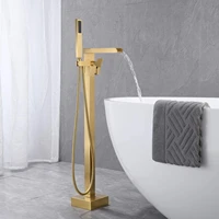 brushed goldblack freestanding bathtub faucet floor mount tub filler single handle brass tap with hand shower and swivel spout