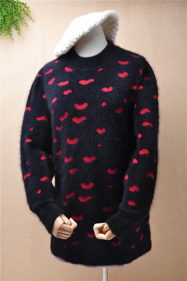 

ladies women fashion black red pattern mink cashmere o-neck long sleeves loose pullover angora rabbit fur winter jumper sweater