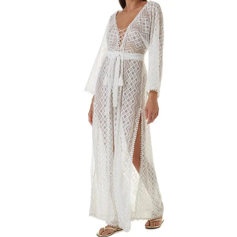 Long Lace Beach Cover up Robe de Plage Swimsuit Saida Praia longa Women Bathing suit cover Tunics for #Q965 | Женская одежда