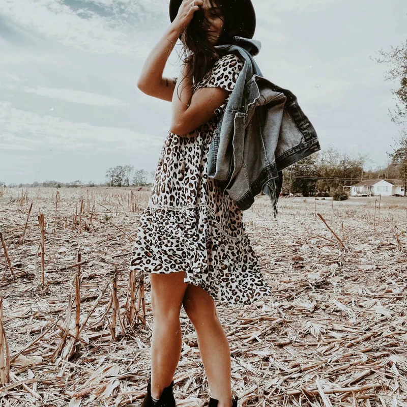 Женское винтажное мини платье с леопардовым принтом V образным вырезом|Женские