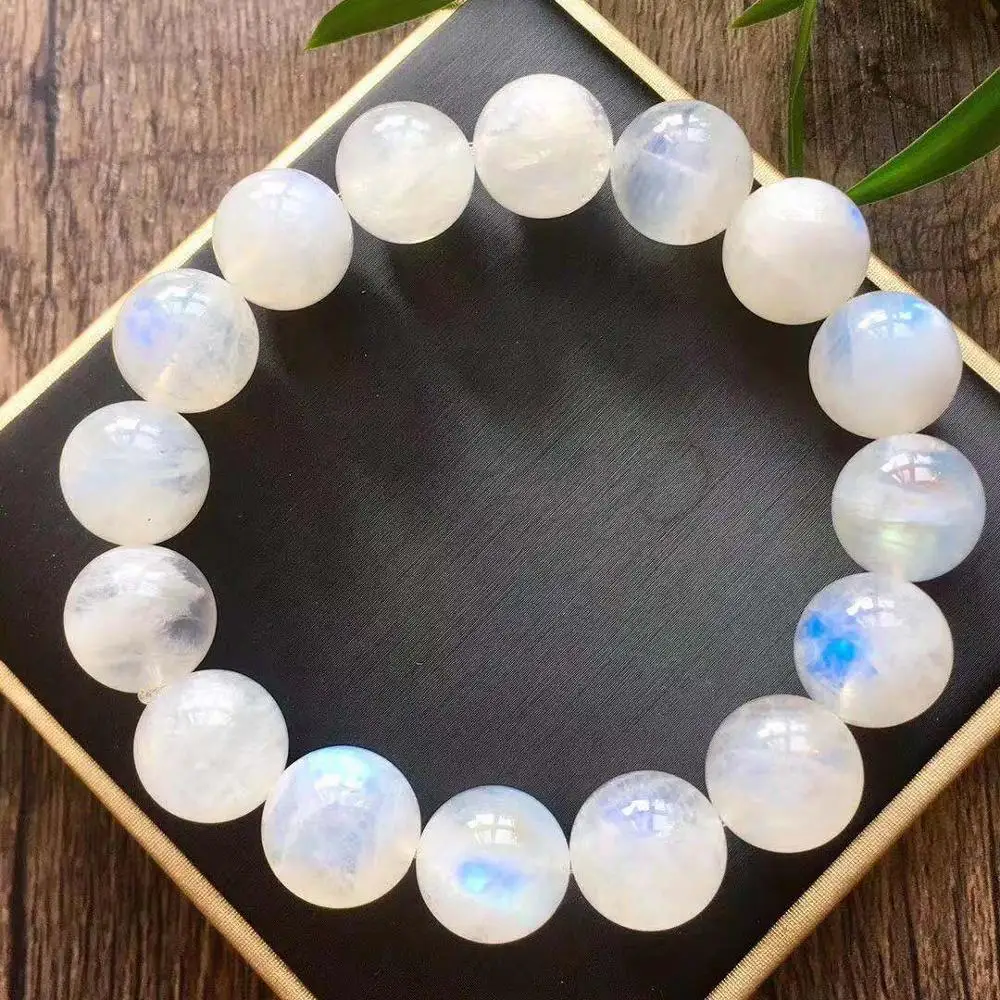 Review 14mm Natural Moonstone Bracelet Jewelry For Women Men Gift Crystal Blue Light Stone Round Beads Strands Reiki Gemstone AAAAA