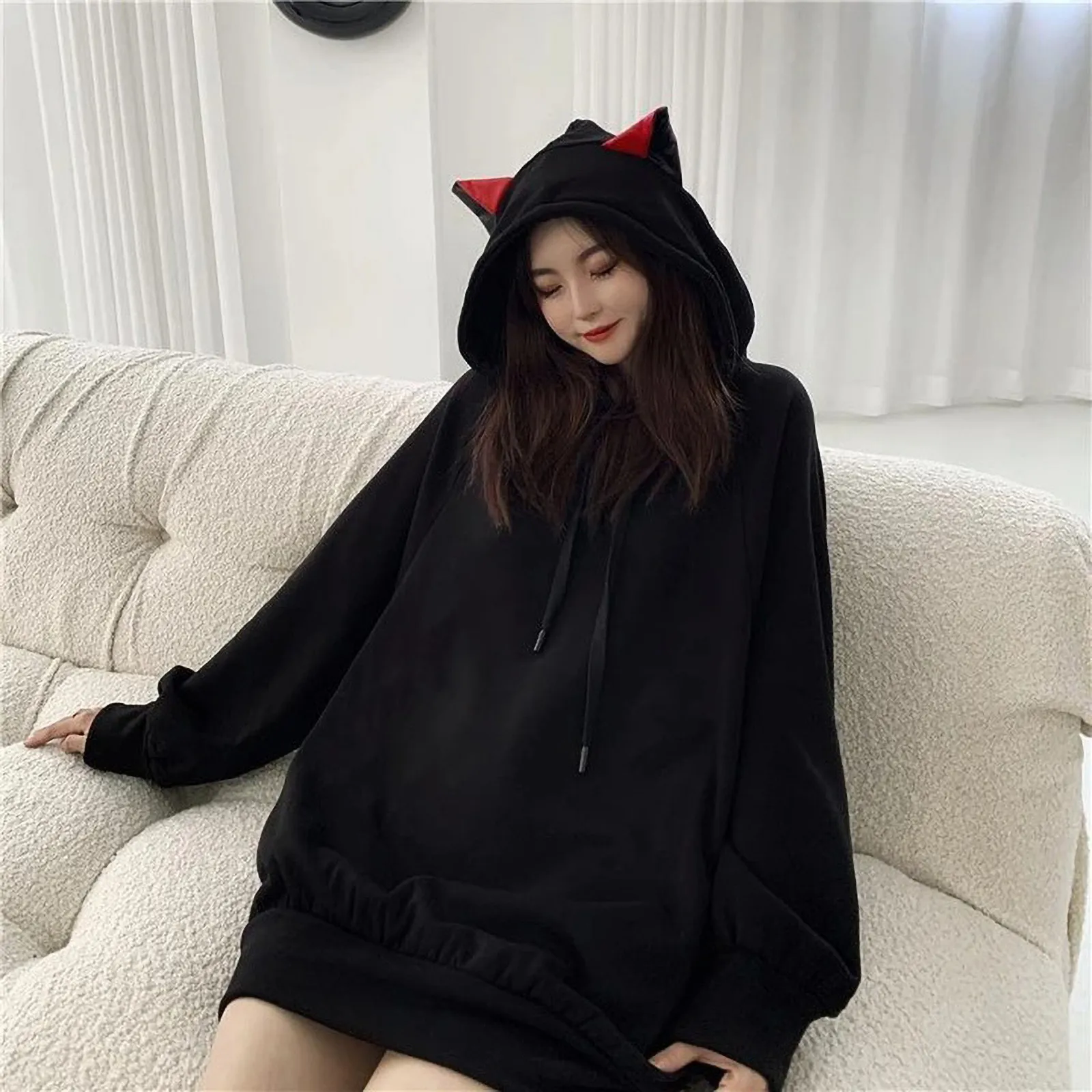 

Winter Women's Vintage Polyester Cat Ears Solid Color Long-sleeved Hooded Sweater Zipper Dress Hooded Cute