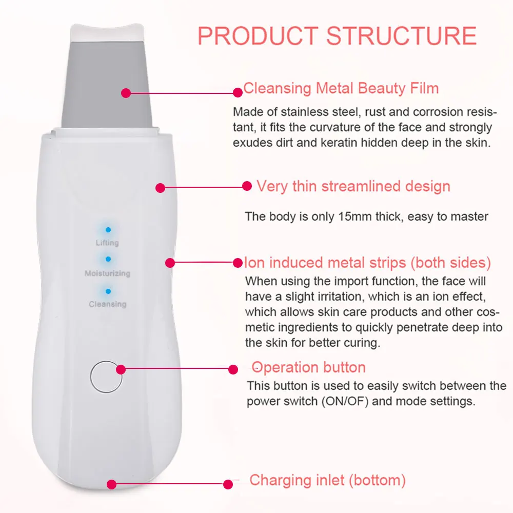 

Rechargeable Skin Scrubber Ultrasonic Face Cleaning Peeling Machine Ion Blackhead Removal Facial Pore Cleaner Skin Care Tools