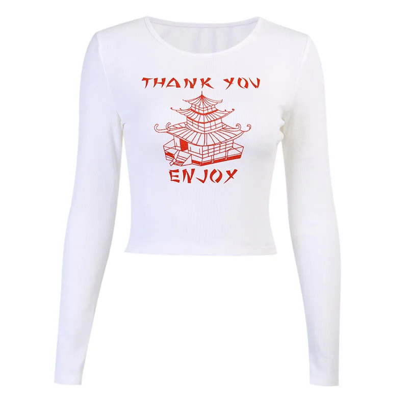 

Summer White Building Print Skinny Tops Women Crewneck Tshirts 2021Fashion High Street Casual Tees Basic Slim Long Sleeve Tshirt