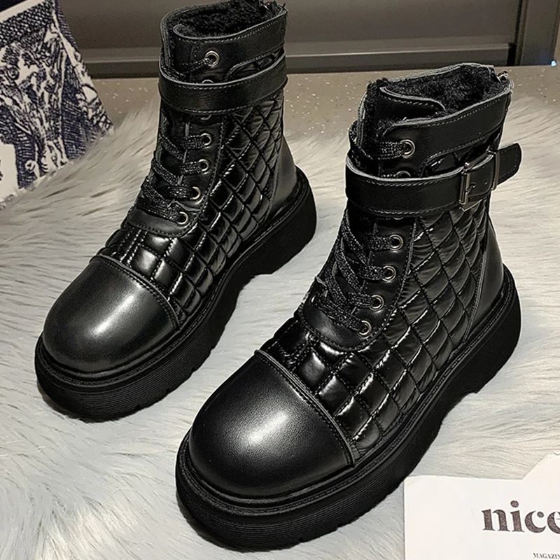 

Модные плюшевые ботинки 2021, женские зимние современные ботинки, женские ботинки на платформе с круглым носком и перекрестной шнуровкой, жен...