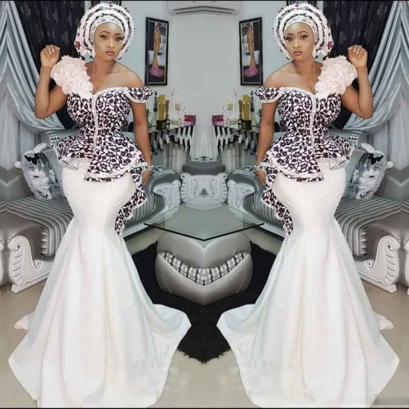 

Атласные вечерние платья-русалки AsoEbi, с открытыми плечами, кружевные, с аппликацией и баской, для выпускного вечера