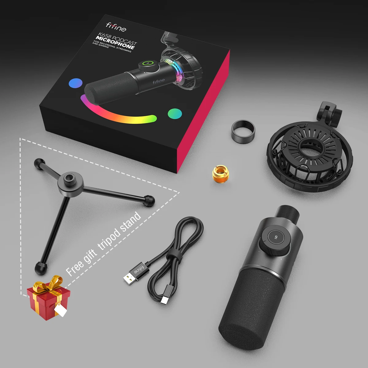 FIFINE Dynamic Microphone for windows&amplaptop USB Mic Gaming YouTube with Tap-to-Mute Button/RGB Light/Headphone Jack -K658 |