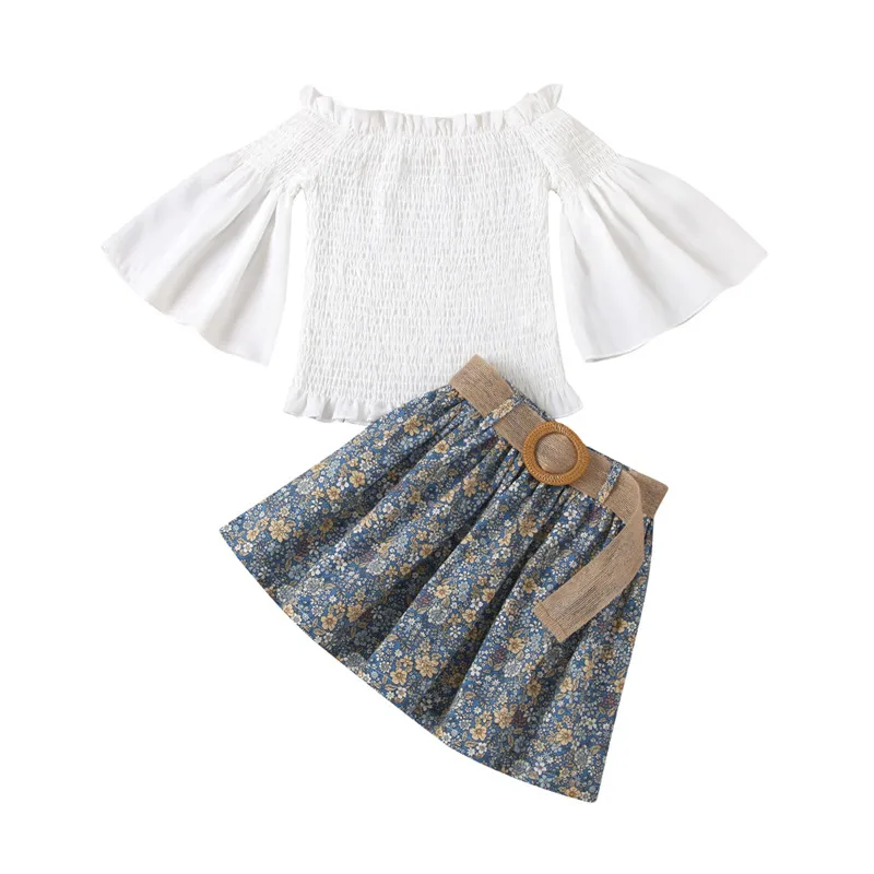 

1-6T Girl's 2Pcs Clothes Set, Fashion Solid Color Flared Sleeve Ruffled Boat Neck Tops with Cute Flower Printed Skirt Summer