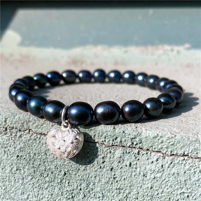 Пресноводные натуральные жемчужины черный овальный жемчуг браслеты 925 Φ для