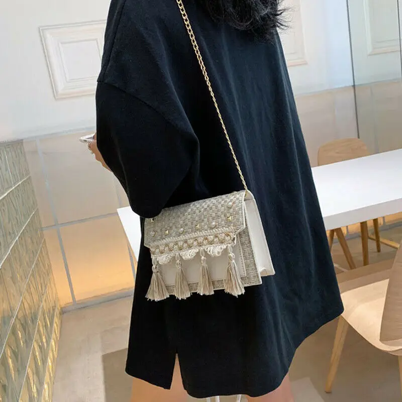 Женская Плетеная соломенная сумка с кисточкой и жемчужным декором сумочка из